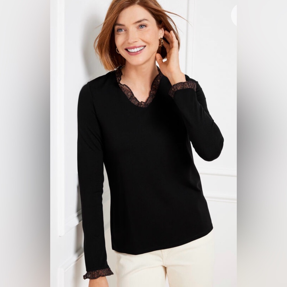 Talbots Black Long Sleeve V-neck Top with Animal Print Lace Detail szXL
